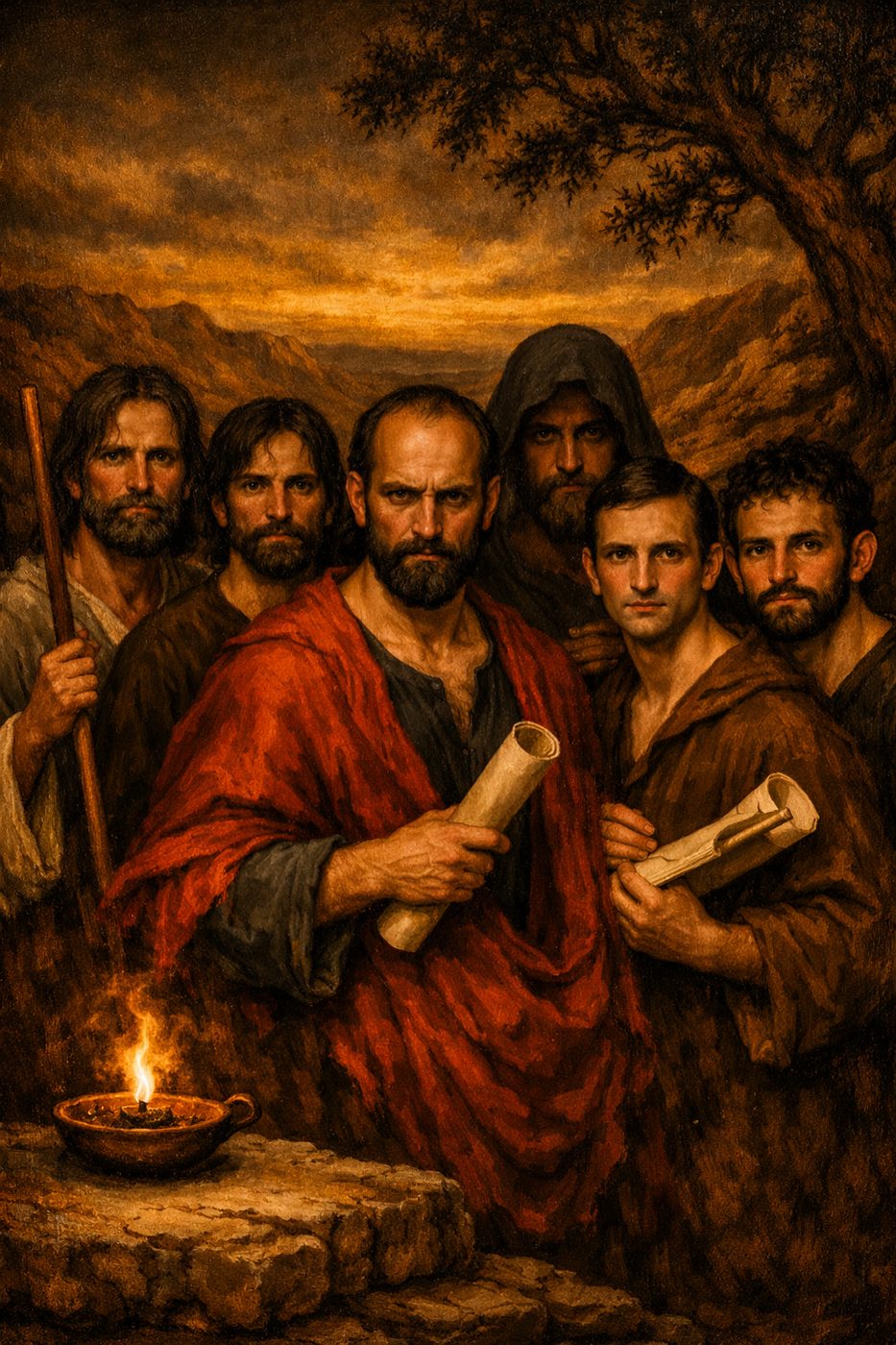 Back cover of Primitive Christianity — the authors of the New Testament gathered in lamplight around the scroll of the faith once delivered.