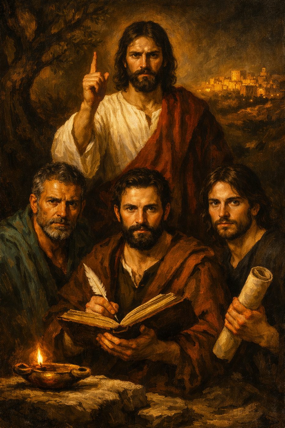 Primitive Christianity: The Nine Architects of the Faith — Christ teaching above the authors of the New Testament, who hold the keys, the quill, and the scrolls by lamplight.