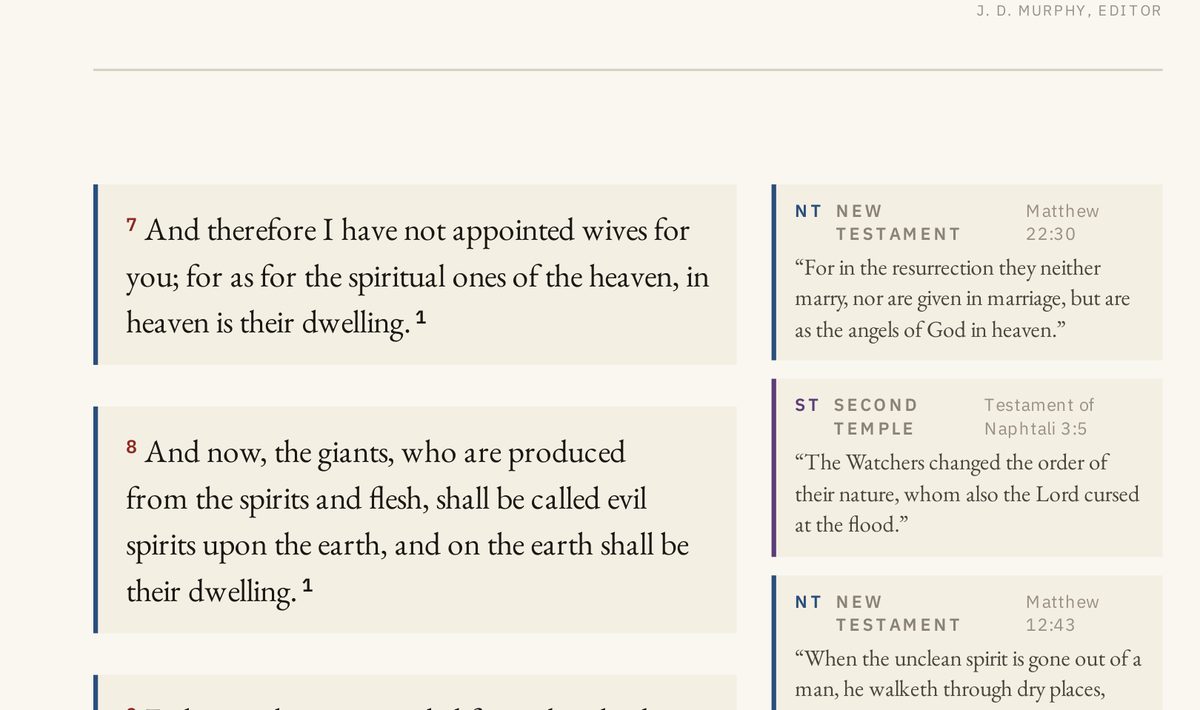 A page of the Enoch study edition: verses in the left column, and beside them tagged reference cards quoting Matthew 22:30, the Testament of Naphtali 3:5, and Matthew 12:43 in full.