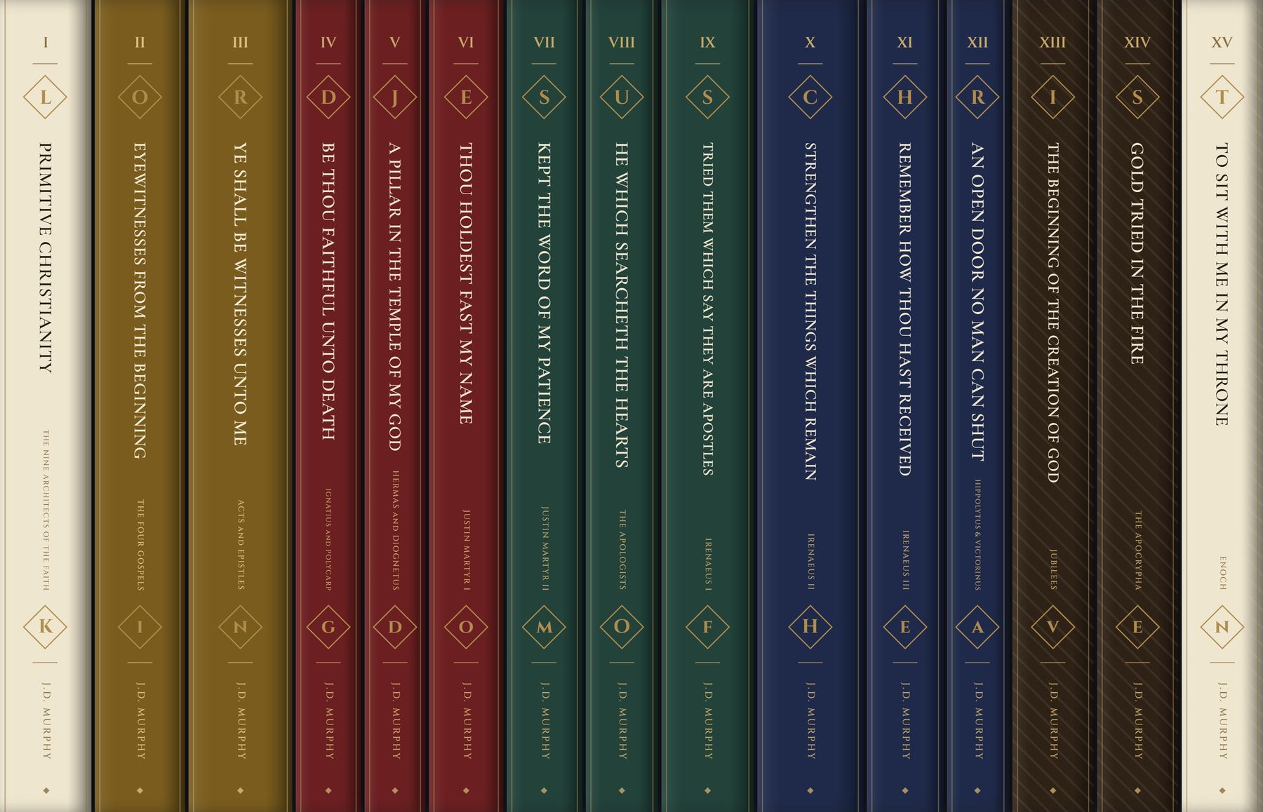 The fifteen spines of the Primitive Christianity Library standing together, numbered I through XV, edited by J.D. Murphy.