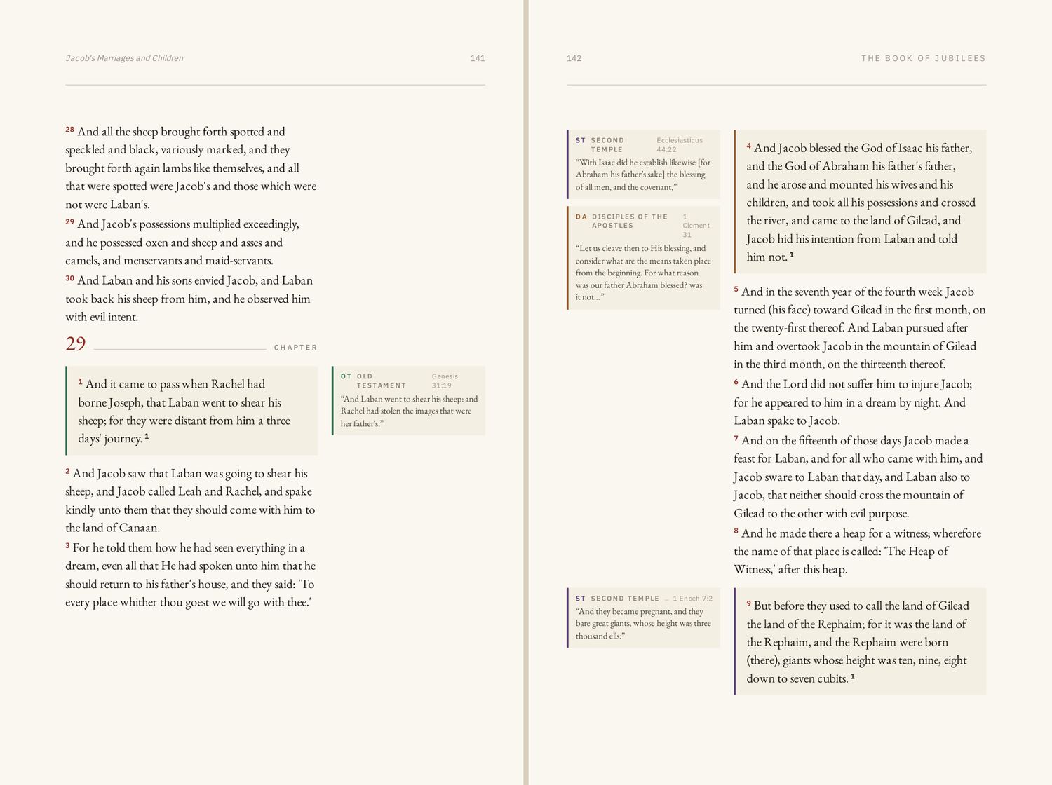 A two-page spread from the Jubilees study edition, its verses carrying Old Testament, Second Temple and Disciples of the Apostles reference cards.